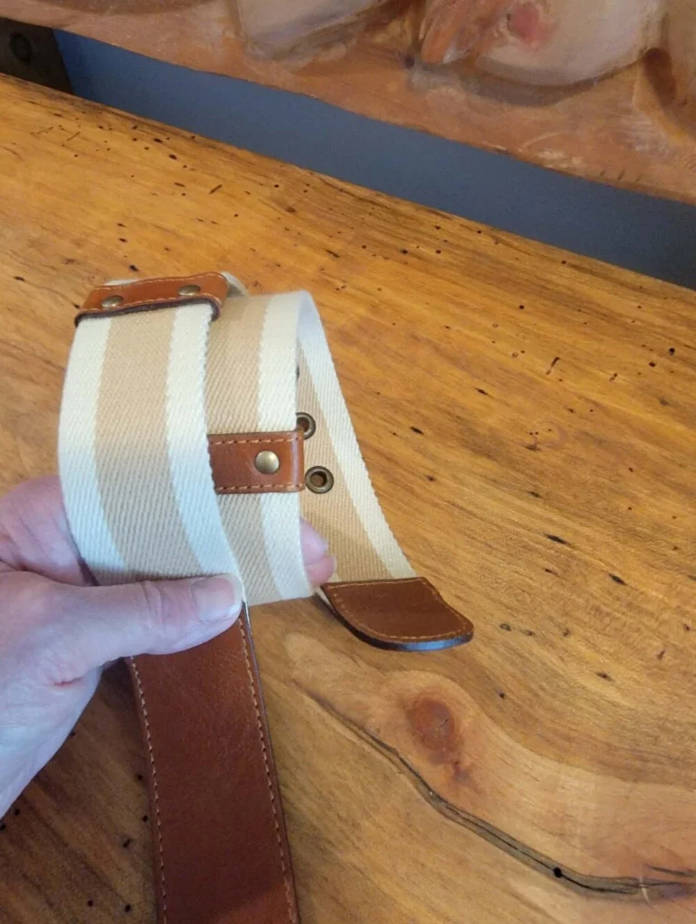 French Connection Cream & Tan Canvas and Brown Cow Leather Belt w/Brass Buckle